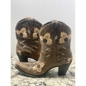 Lane Boots Womens Sz 9 Brown Floral Embroidered Leather Ankle Western Booties